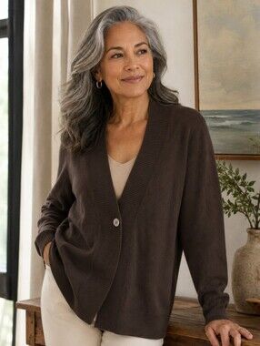Jones New York Collection Dark Mocha Brown Cashmere Shawl-Collar Cardigan Size L